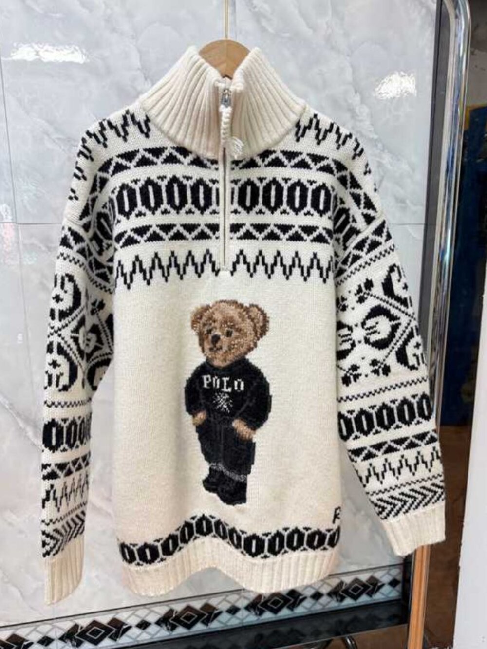 Polo Ralph Lauren Bear Half-Zip Sweater Cream Black Nordic
